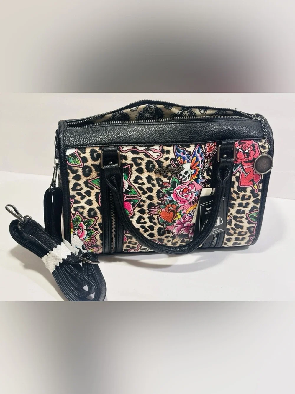 Ed Hardy Floral Skull Leopard Print Satchel - Handbag